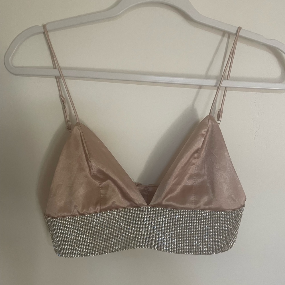 Elegant Tan Satin Bralette with Rhinestone Band Meshki matching skirt